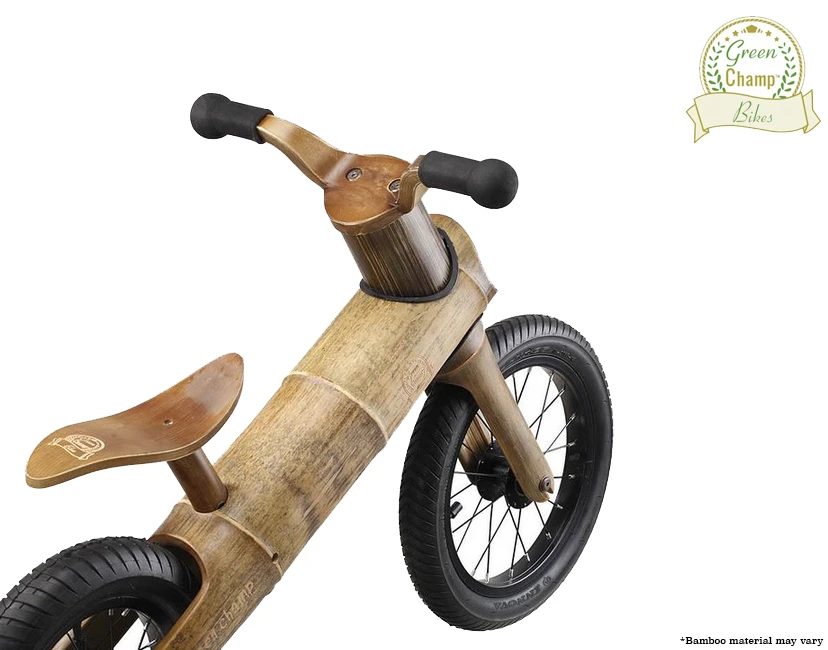 The GreenChamp Bikes bamboo balance bicycle back angle