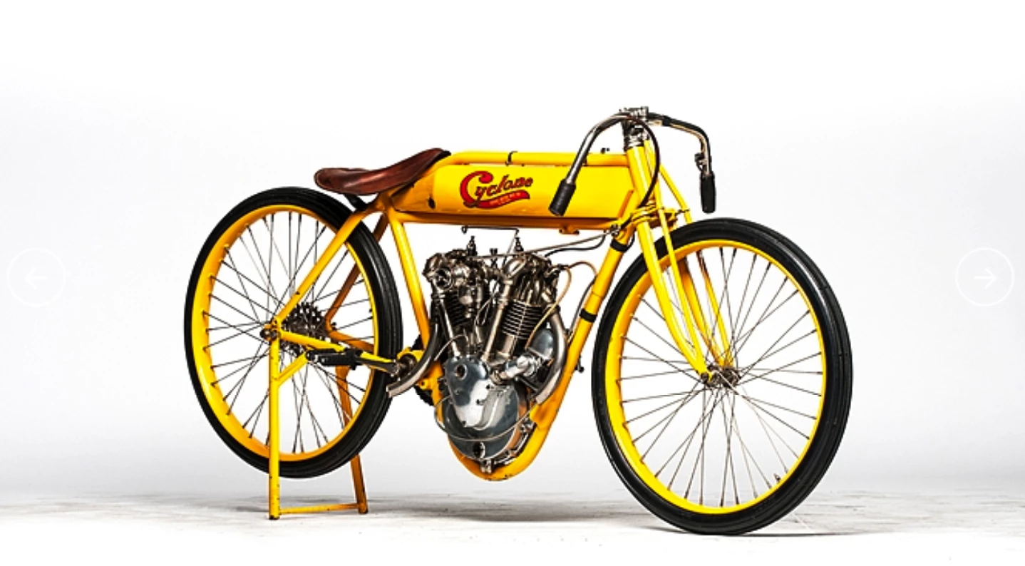 This one-hundred-year-old Cyclone Board Track racer going to auction next month could become just the third motorcycle in history to sell for more than a million dollars. One of just six in existence, a similar bike set the world auction record at $551,200 in 2008. The beautiful bevel-driven V-twin was capable of 111 mph and this particular bike has a golden provenance including ownership by the man with the midas touch, Steve McQueen. McQueen has multiple entries in the most valuable cars sold at auction, the most valuable movie cars sold at auction plus SEVEN entries in the top 100 motorcycles sold at auction. The bike was restored by noted author, historian and craftsman Stephen Wright.