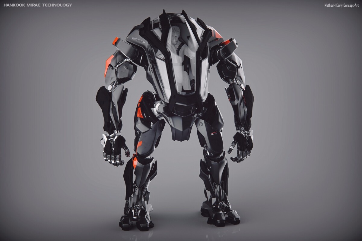 Early concept art for the Method-1 robot: wider-set hips create too much sway motion when the mech is walking - the pilot would get seasick