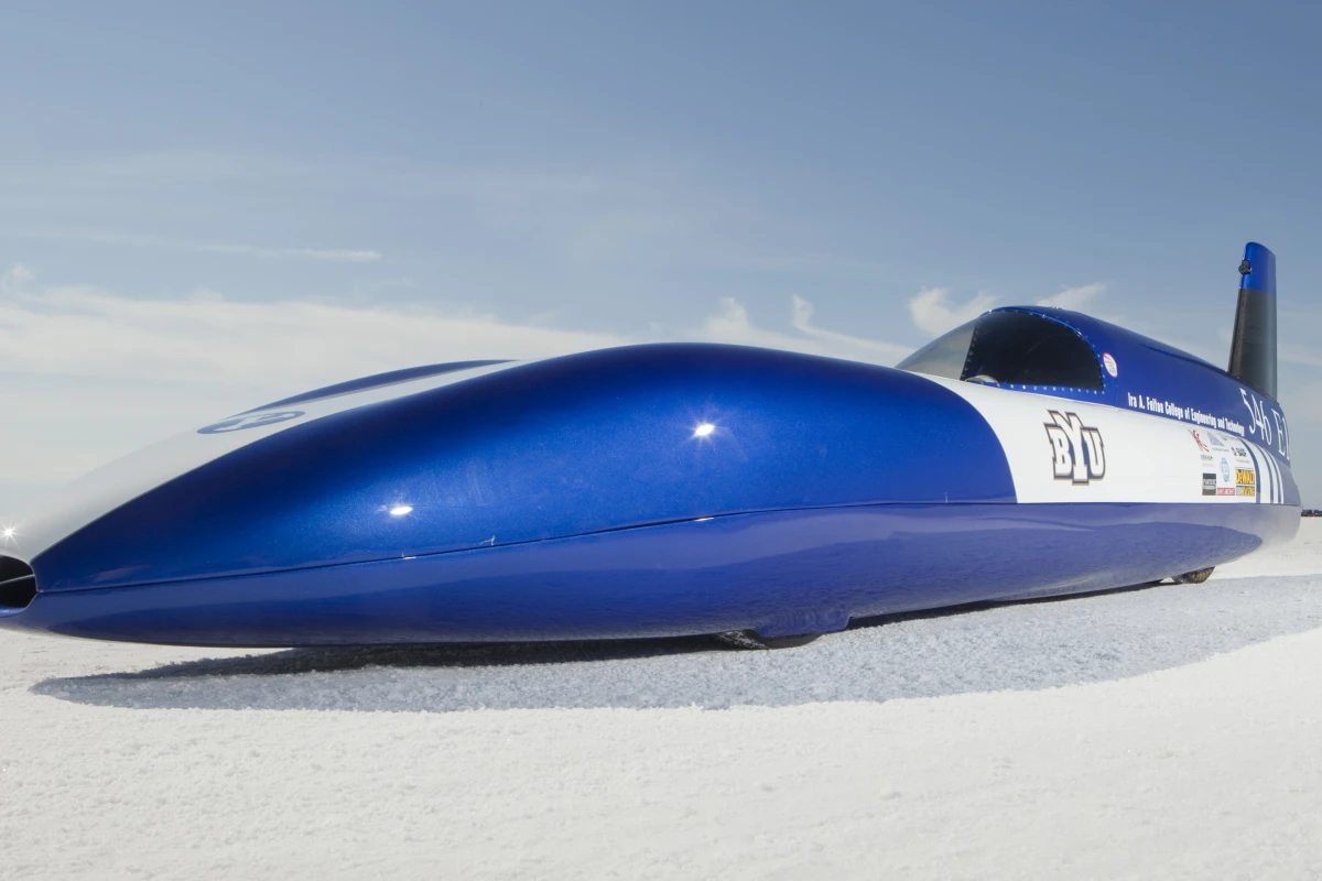 The Electric Blue streamliner built by BYU students now holds the world land speed record in the "E1" class