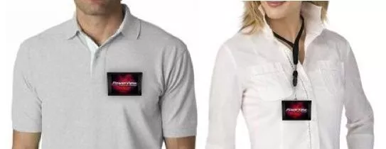 The Video Name Tag is a miniature OLED screen that displays advertising, that retail salespeople wear like a traditional name tag