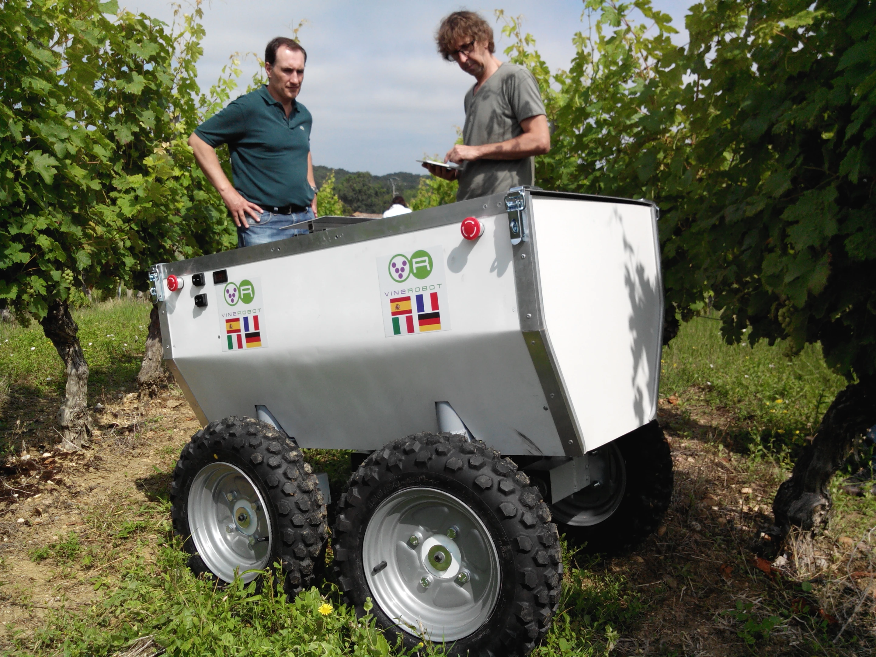 The idea is that the solar-powered VineRobot will move autonomously on its four wheels, using RGB stereoscopic machine vision and GPS to navigate its way up and down the rows of the vineyard