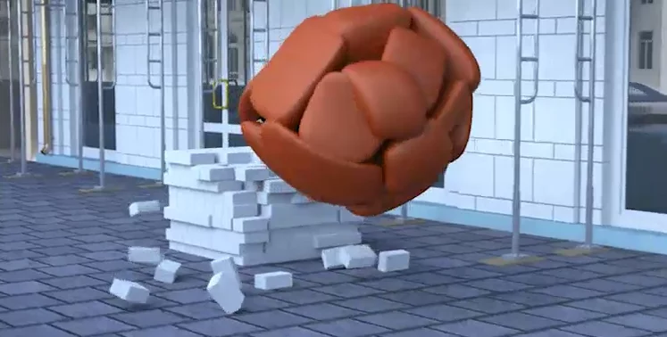 In this rendering, the i Gel protects someone falling off a building by pushing him into a ball and inflating airbags all around him