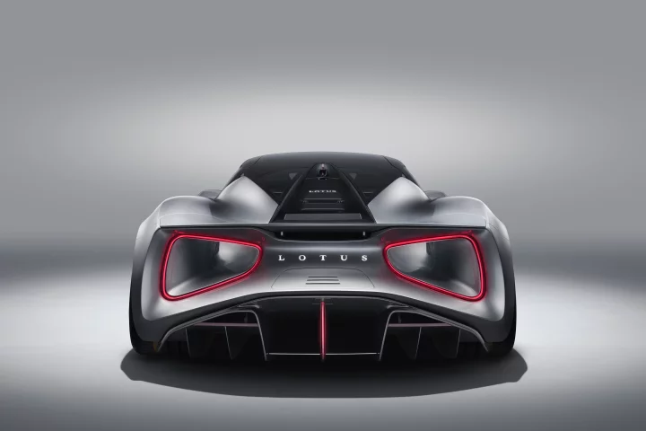 On the Lotus Evija giant venturi tunnels exit at the rear, rimmed by the taillights