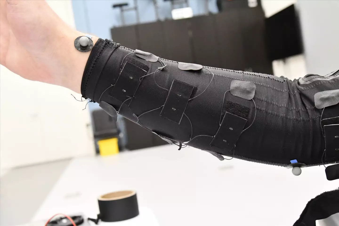 Pictured here incorporated into a sleeve, the sensor could find use in applications such as virtual reality simulations, sportswear, and clinical diagnostics