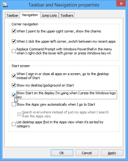Set the Start screen to display on the monitor you're working on