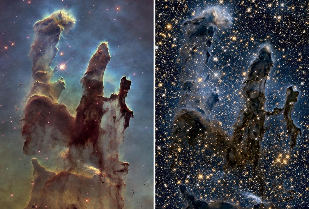 The James Webb Space Telescope will capture images of the cosmos in the infrared, as seen in the picture on the right, rather than in visible light, as seen on the left (Image: NASA)