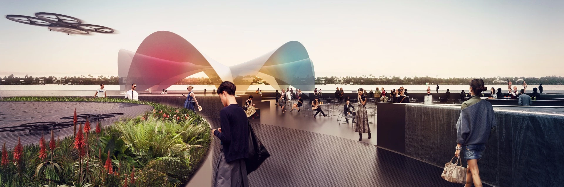 The Currie Park floating plaza will feature a restaurant, an auditorium, decorative water pools and hydroponically-grown greenery