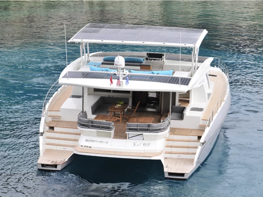 Solarwave 64 features a smart energy system that allows the yacht to run on solar power with an extensive traveling range
