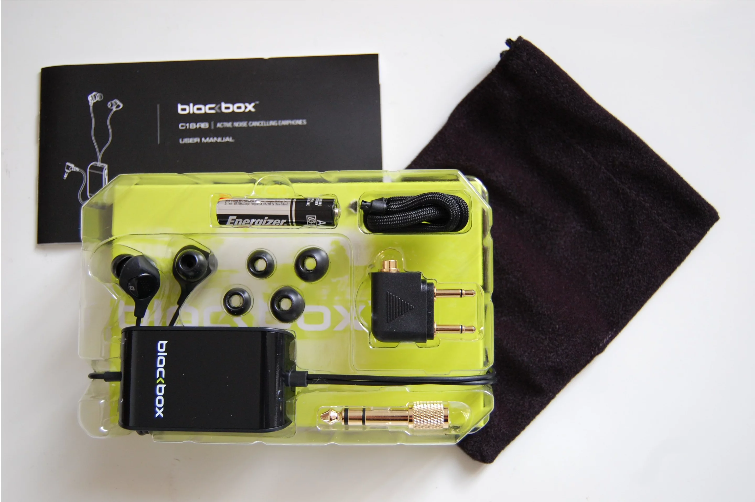 The contents, including spare buds, a 6.5mm jack adapter and an airline-friendly, single-to-double 3.5mm adapter