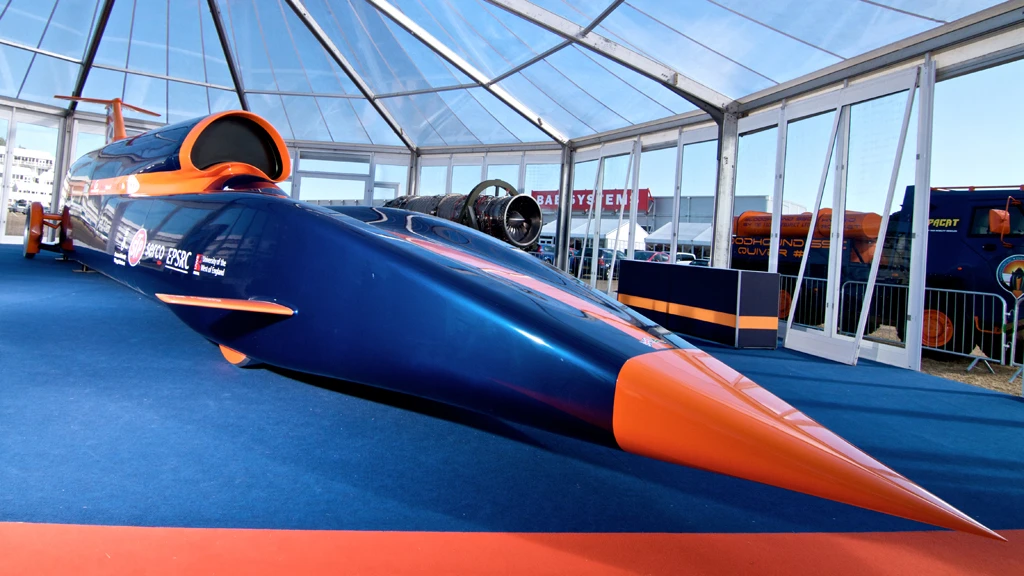 The full size, full length BLOODHOUND SSC show car unveiled at Farnborough (Image: Nick Haselwood)