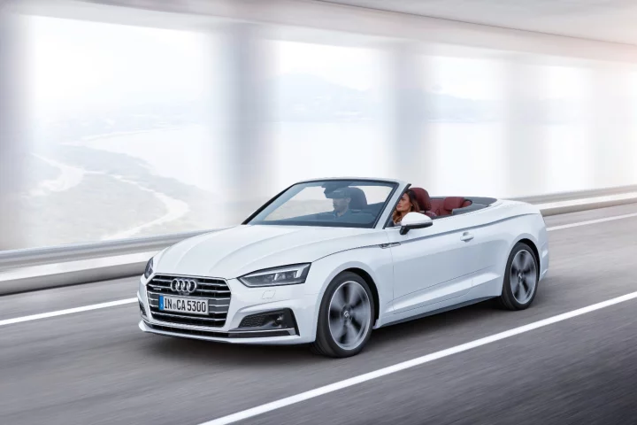 The Audi A5 Cabriolet can drop its top at speeds up to 50 km/h