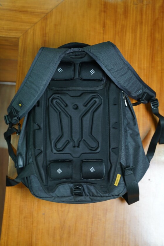 Soothing massagers, similar to the ones you'll find in a massaging chair, are located top and bottom of the Eume backpack
