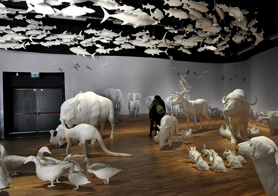 Fish fly through the sky in the UN pavilion