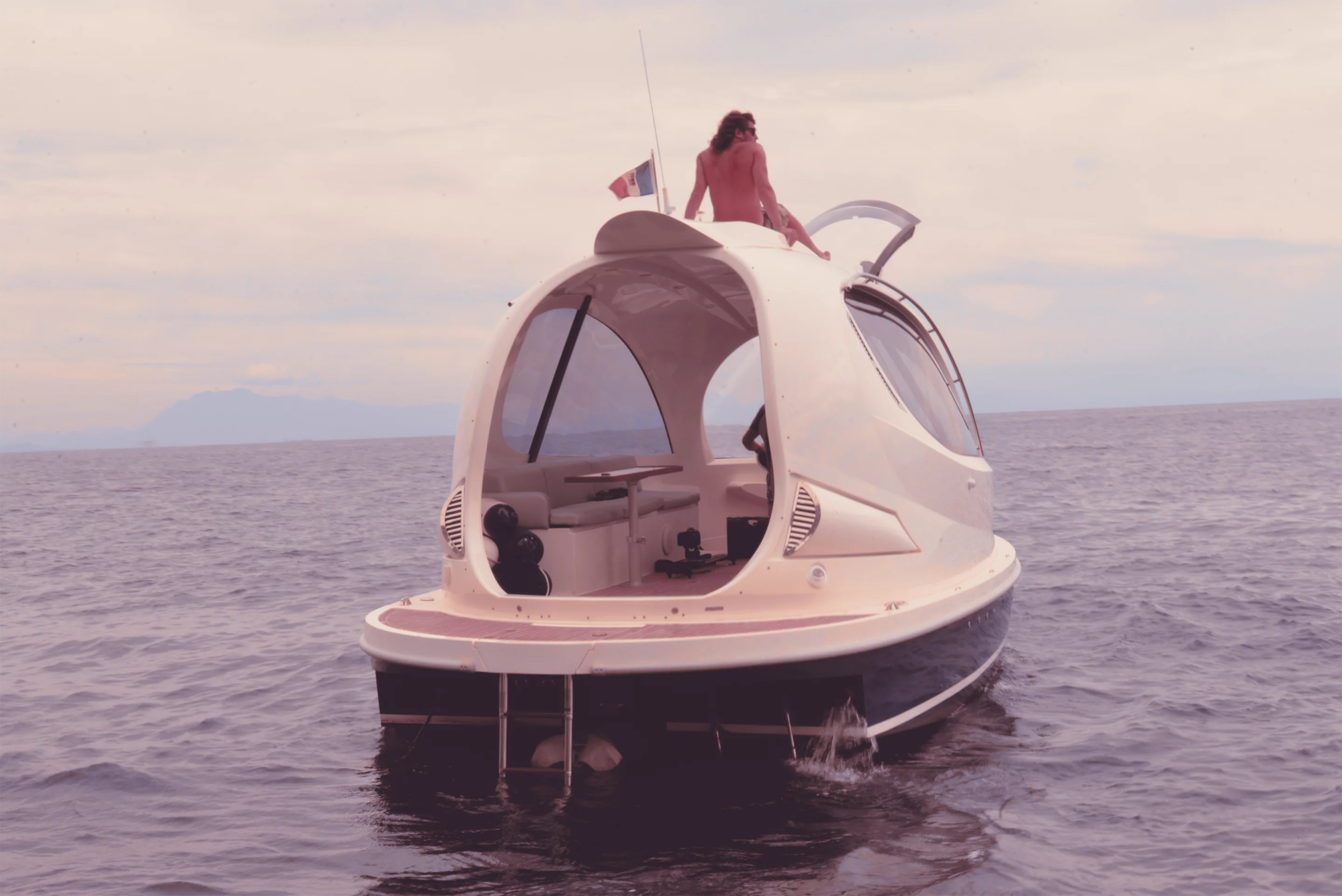 The craft features a rooftop sunbed