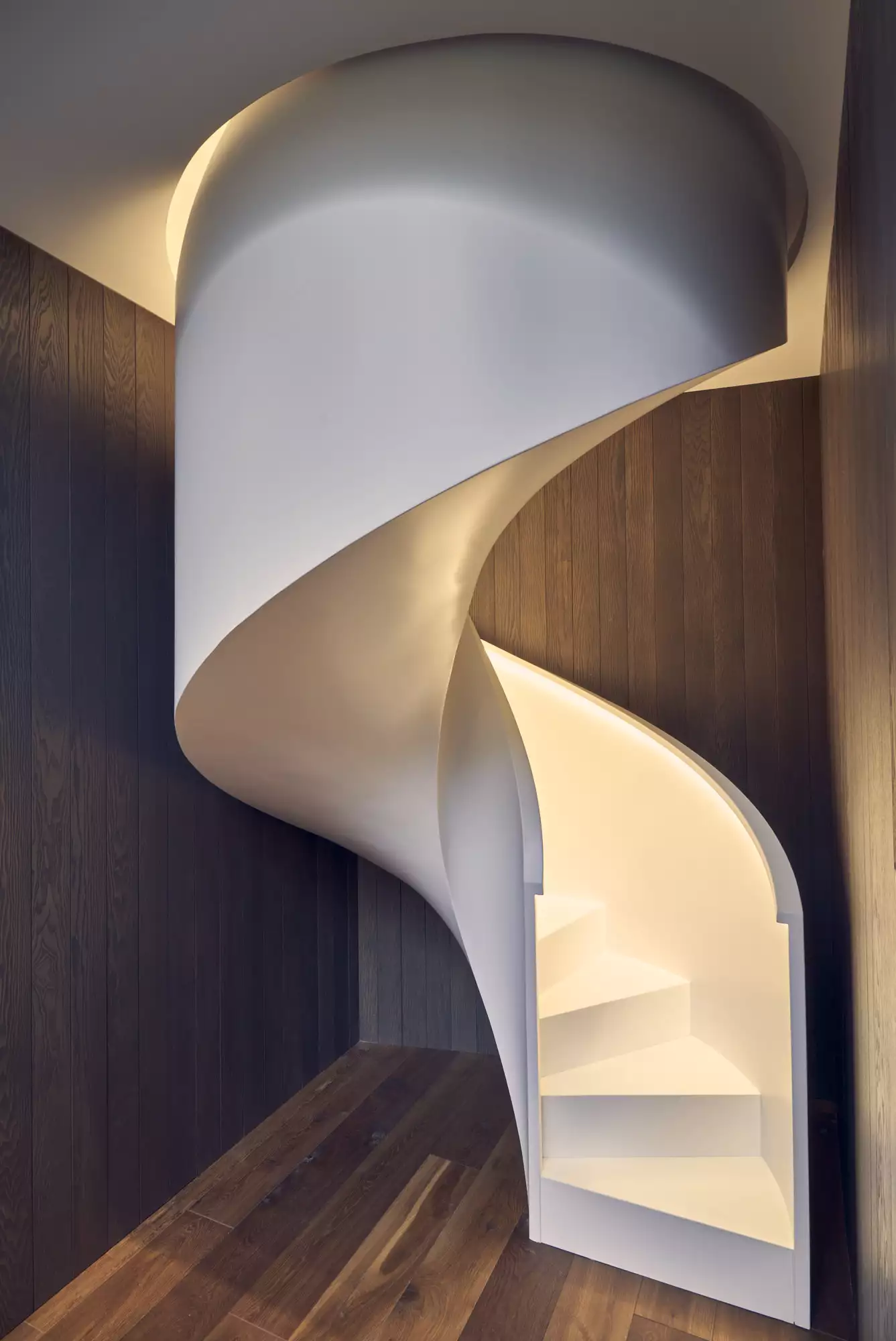 An eye-catching spiral staircase provides access between Circle Wood's two floors