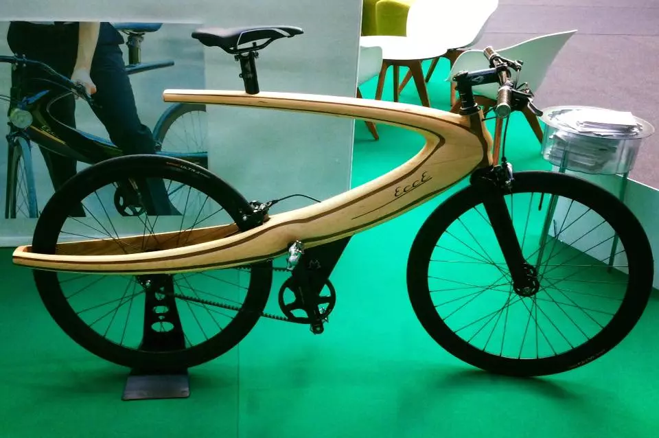 A wooden Opus prototype on display at LikeBike Monte Carlo