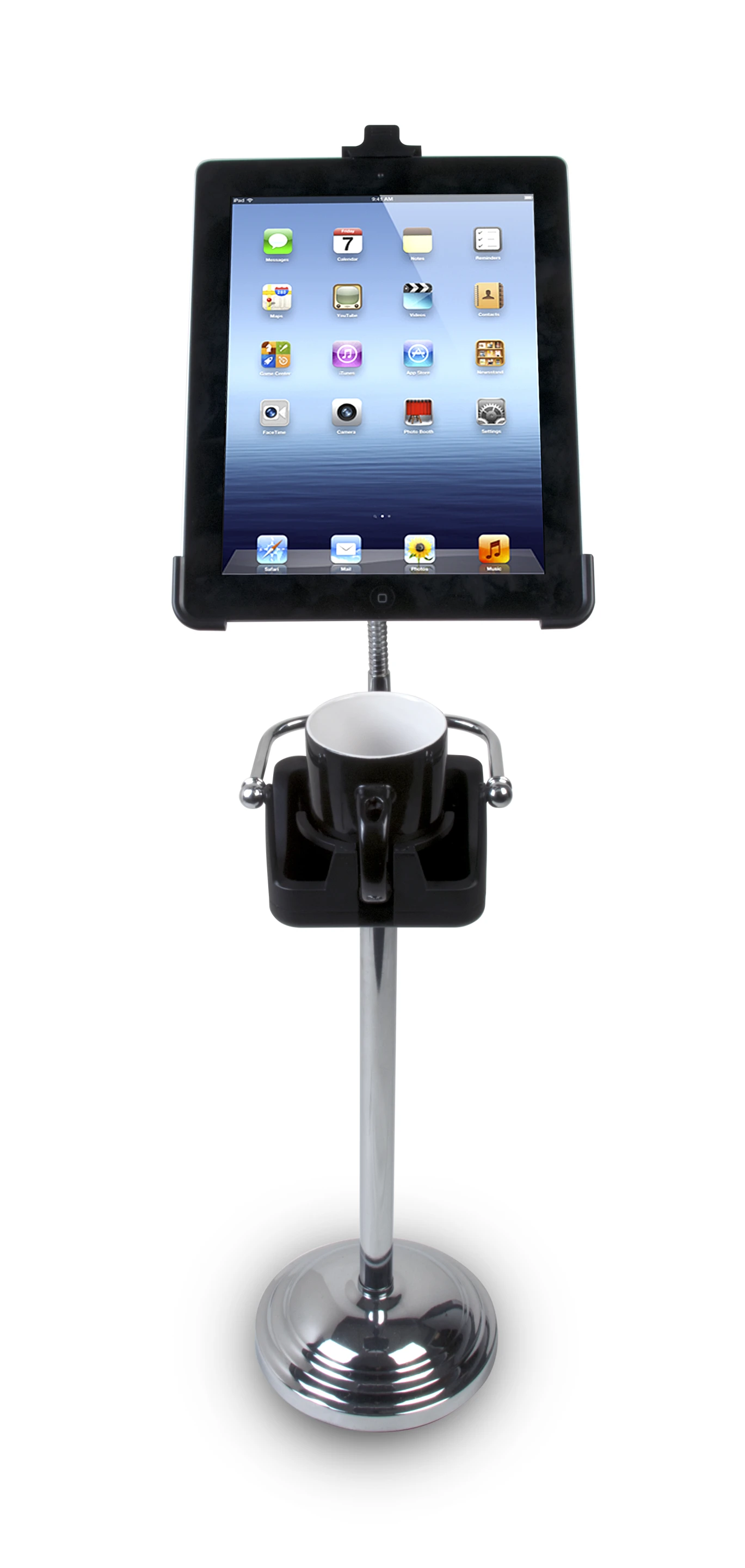 A variation of the Pedestal Stand for iPad, with a cup holder replacing the toilet roll holder