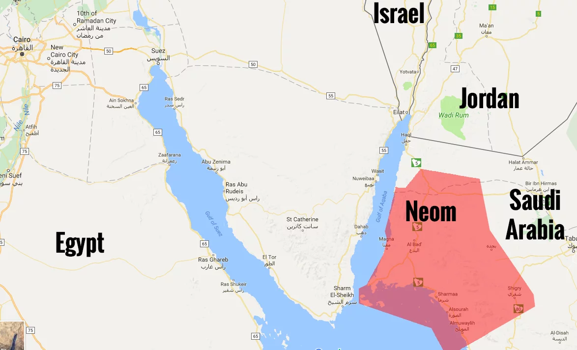 Location of Neom: current project area is entirely within Saudi Arabia, so presumably in order to span Jordan and Egypt as well, both sides of the gulf will come into play. That leaves a slice of Israeli coastline in the picture as well.