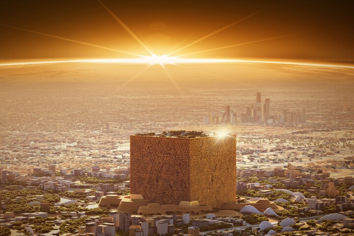 The Mukaab will reach a height, width and length of 400 m (1,312 ft), forming a huge cuboid supertall skyscraper