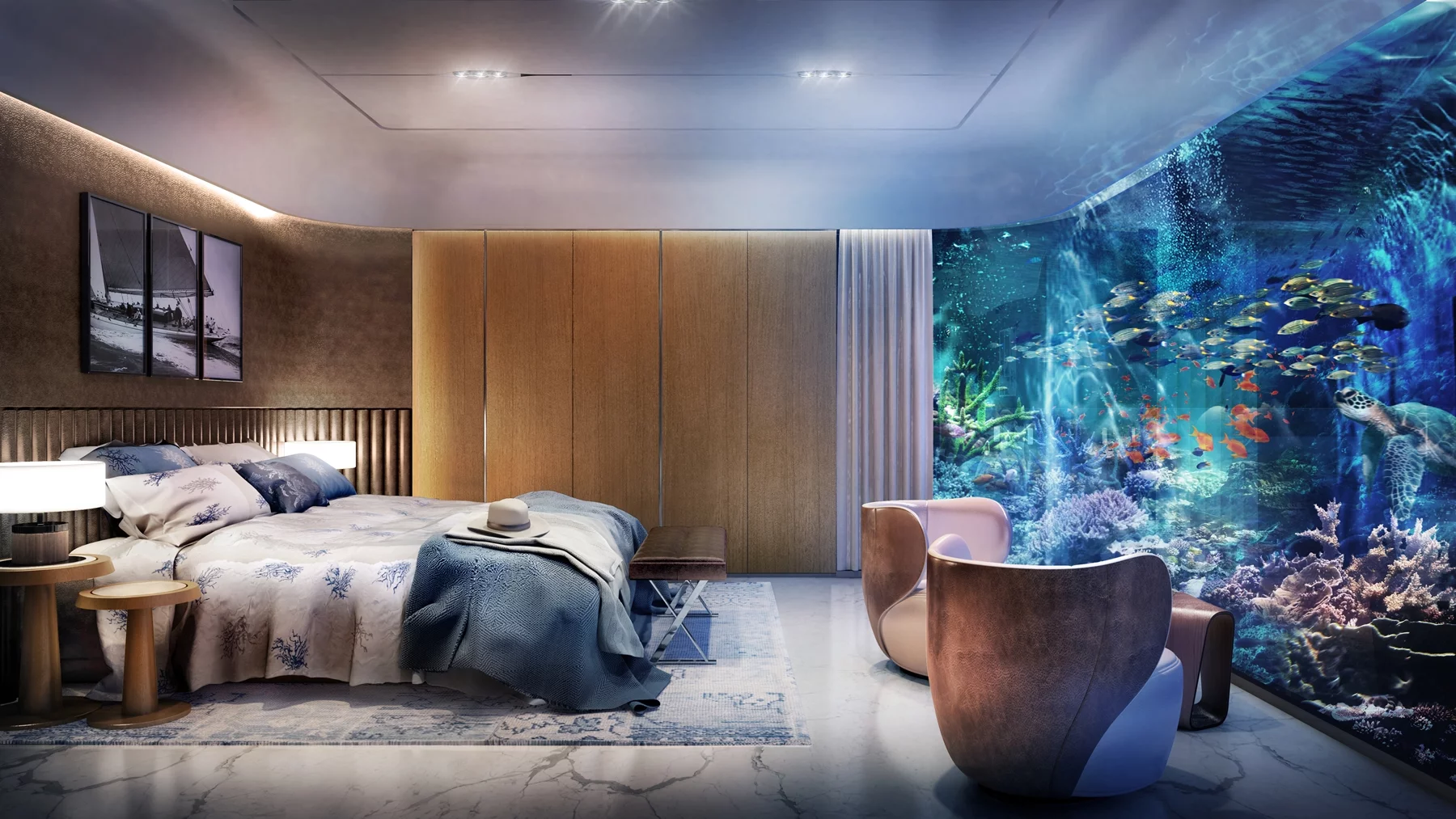 The two submerged bedrooms in the Signature Edition Floating Seahorse offer views of surrounding marine life and a 600-sq ft (56-sq m) coral garden