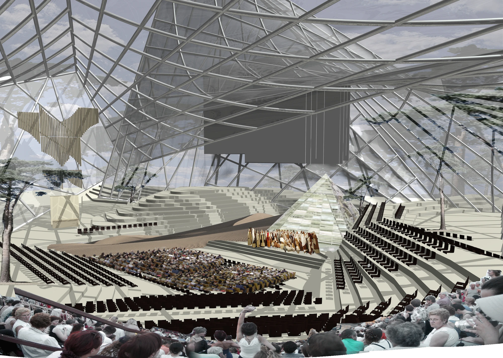 Inside, a the large building contains a series of hidden mechanical gubbins under the floor which transform the space from church to theater seamlessly at the push of the button (Image: GRAFT)