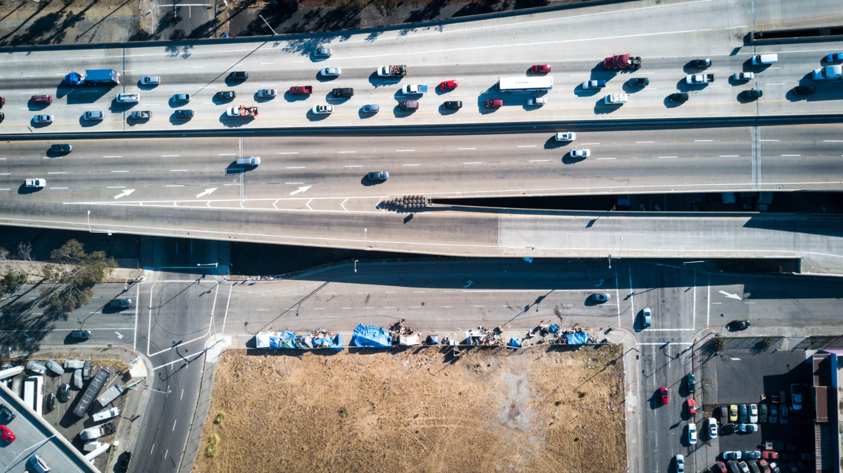 The I-880 in Oakland, California, with homeless encampments at its edges
