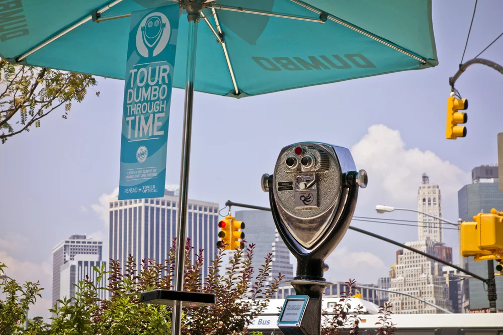 Visitors to DUMBO can look through the eye pieces to embark on a virtual journey through its recent history