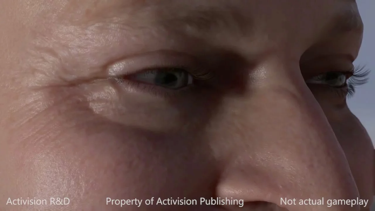 Close-up: dramatic lighting enhances the look of the skin, wrinkles, and eyes of Activision R&D's real-time character