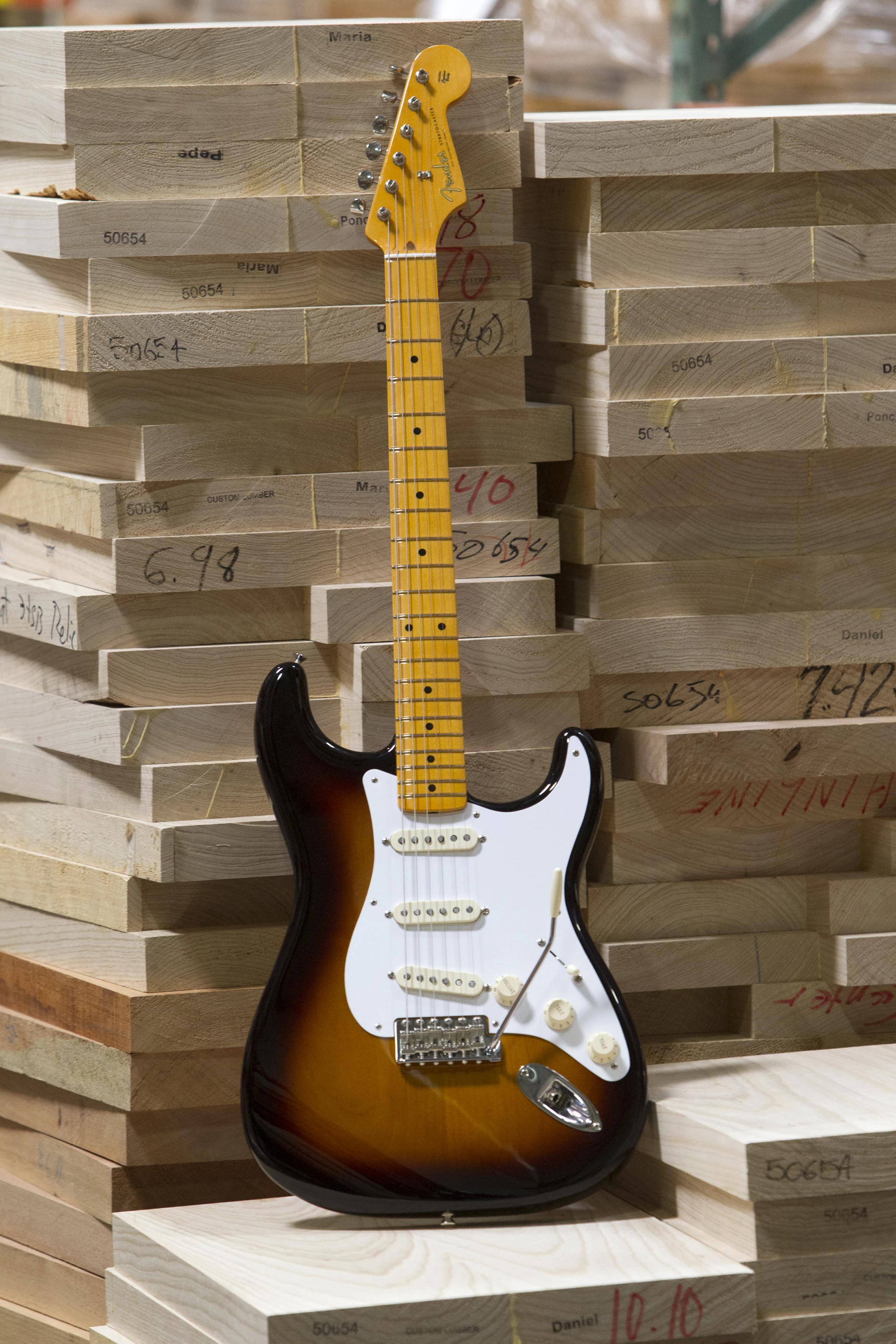 Sunburst Strat, up on blocks that'll soon become more Strats