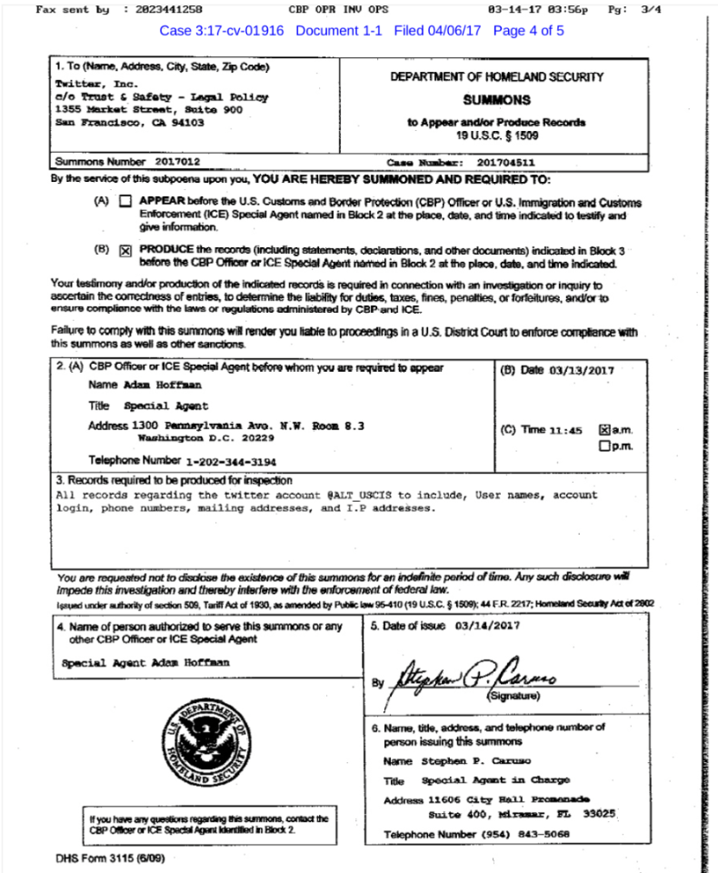 A page from the Summons Twitter received demanding it hand over the user information of a specific account