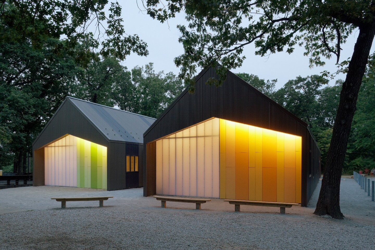 Kansas City's Camp Prairie Schooner, by El Dorado Inc, won an award in Category Two with an architect-designed trail center that includes a dining hall, a 40 ft (12 m) rappel tower, archery range, swimming pool, and zipline