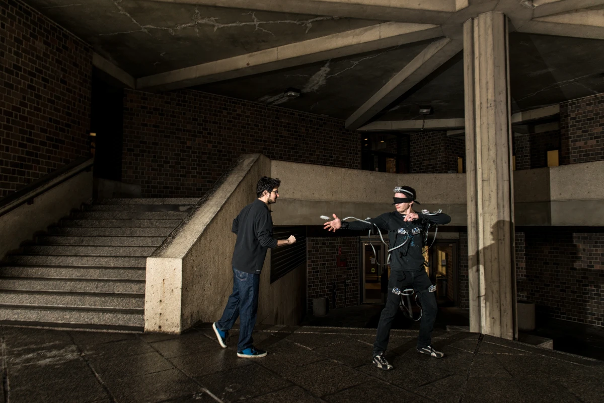 Using a collection of sensors placed all over the body, the SpiderSense suit detects objects in the environment and warns the wearer when anything gets too close (Photo Credit: Lance Long, EVL)