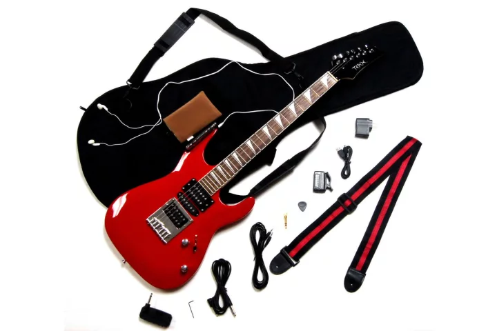 The Tepoe Guitar kit includes a guitar (available in four different colors), headphone practice amp, headphones, digital tuner, guitar strap, computer screen protector, amp adapter plug, USB cable, wall charger, cords, pick, and gig bag