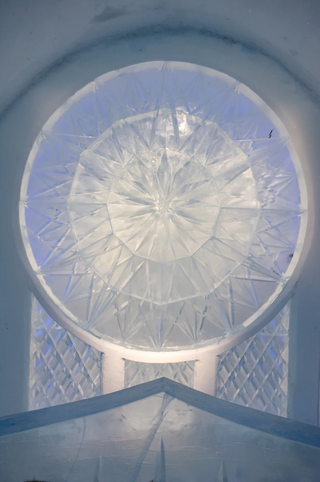 Kaleidoscope was created by Natsuki Saito and Shingo Saito. "Saito and Saito knew the Torne River ice was ready for Edo-Kiriko - a traditional Japanese glass cutting technique - and so they started engraving the ice with the same, absolute precision and intricacy practiced for centuries," reads the description