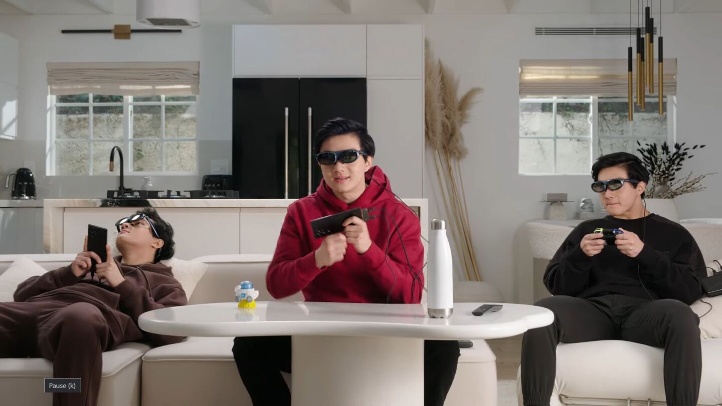 The Rokid Max AR glasses are connected to a media source over USB-C