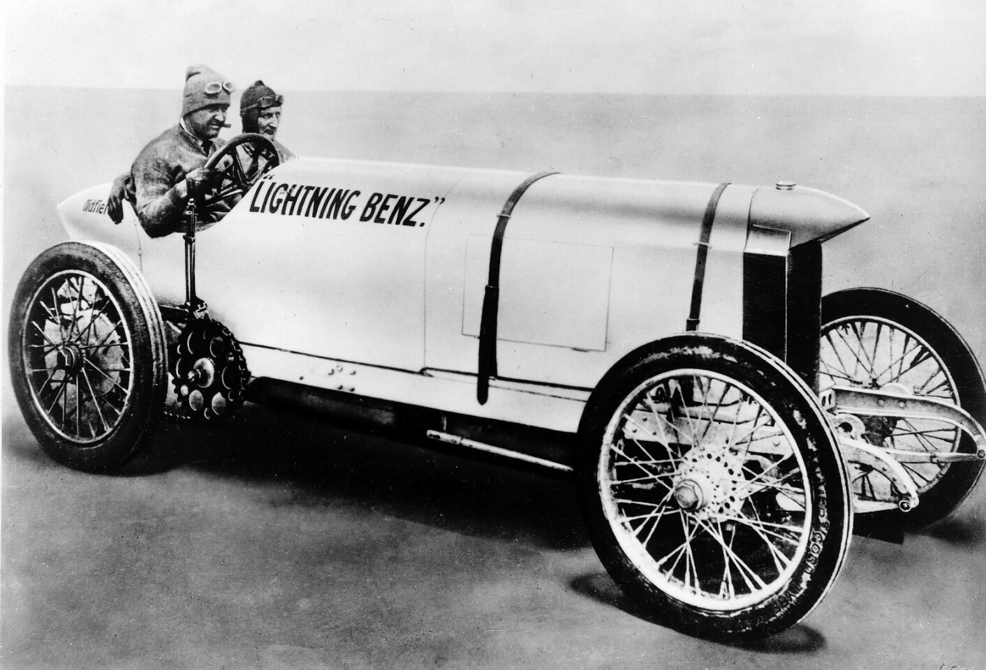 Barnie Oldfield in the Blitzen (Lightning) Benz. On 17 March 1910, Barney set a new speed record of 131.275 mph (211.4 km/h) at Daytona Beach, Florida, US.