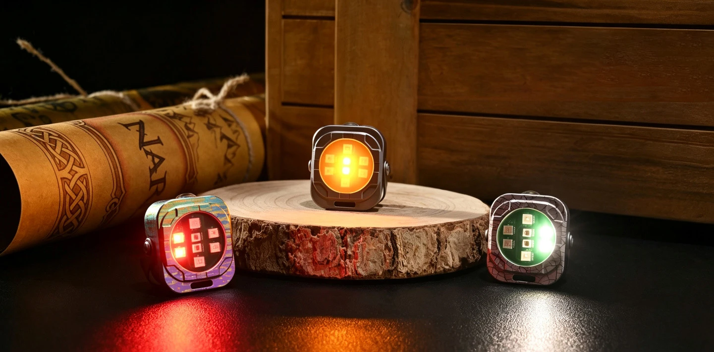 The side LEDs beam amber, UV, red, and warm white light for a range of applications