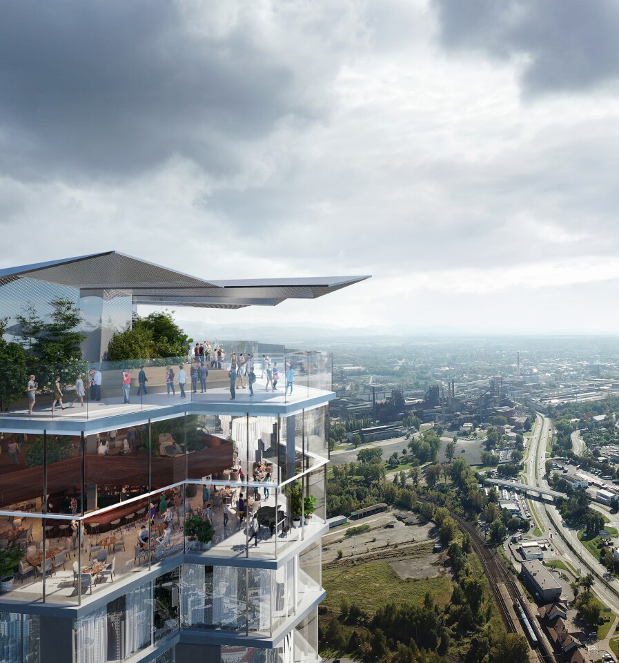 The Ostrava Tower's rooftop garden will include a bar, cafe, and restaurant