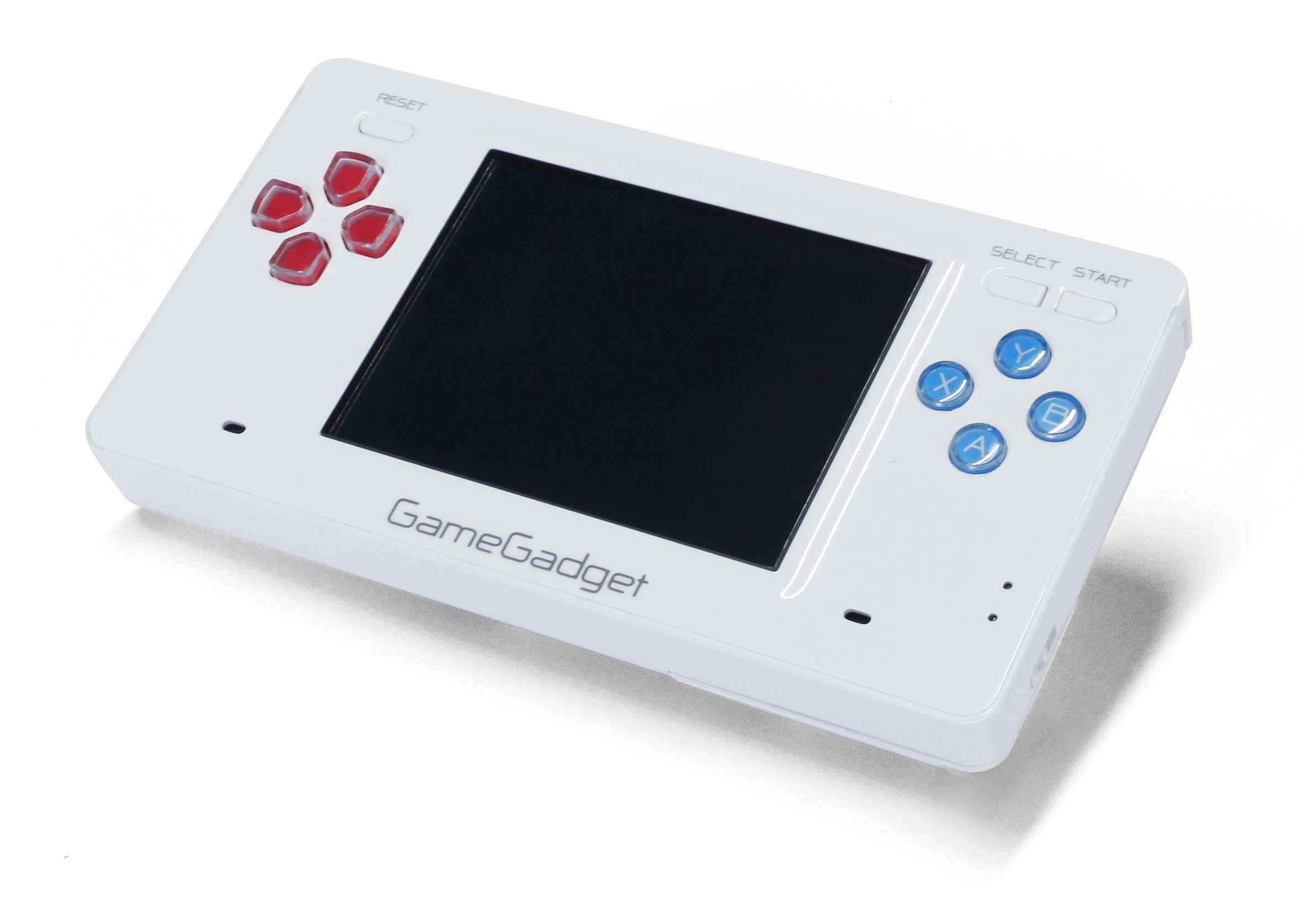 The GameGadget features a D-pad, four face buttons, start, select and reset buttons, and two shoulder buttons