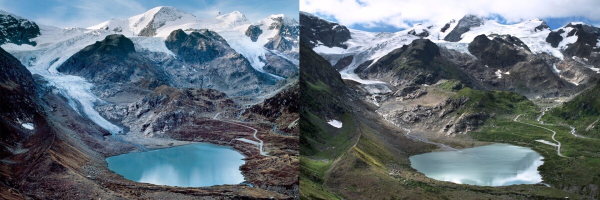 Stein Glacier, Switzerland, has retreated by 550 m (1,800 ft) between 2006 (left) and 2015 (right)