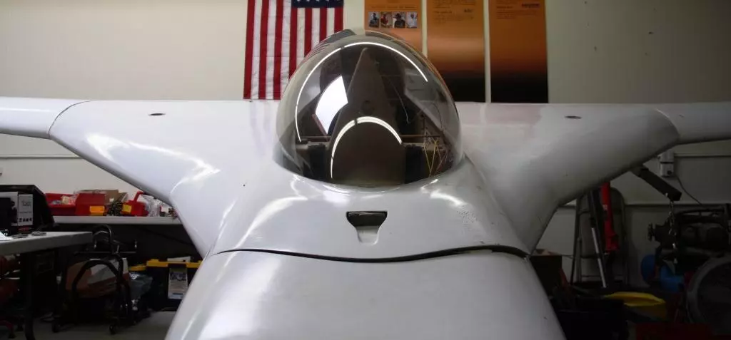 The futuristic-looking Long-EZ purchased for electric conversion and then to act as a test bed for developing the battery pack parachute jettison, UAV battery pack jettison and UAV battery pack re-docking technologies