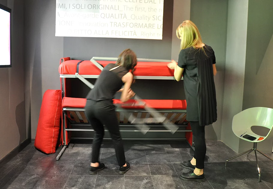 An built-in ladder swings across and secures into place