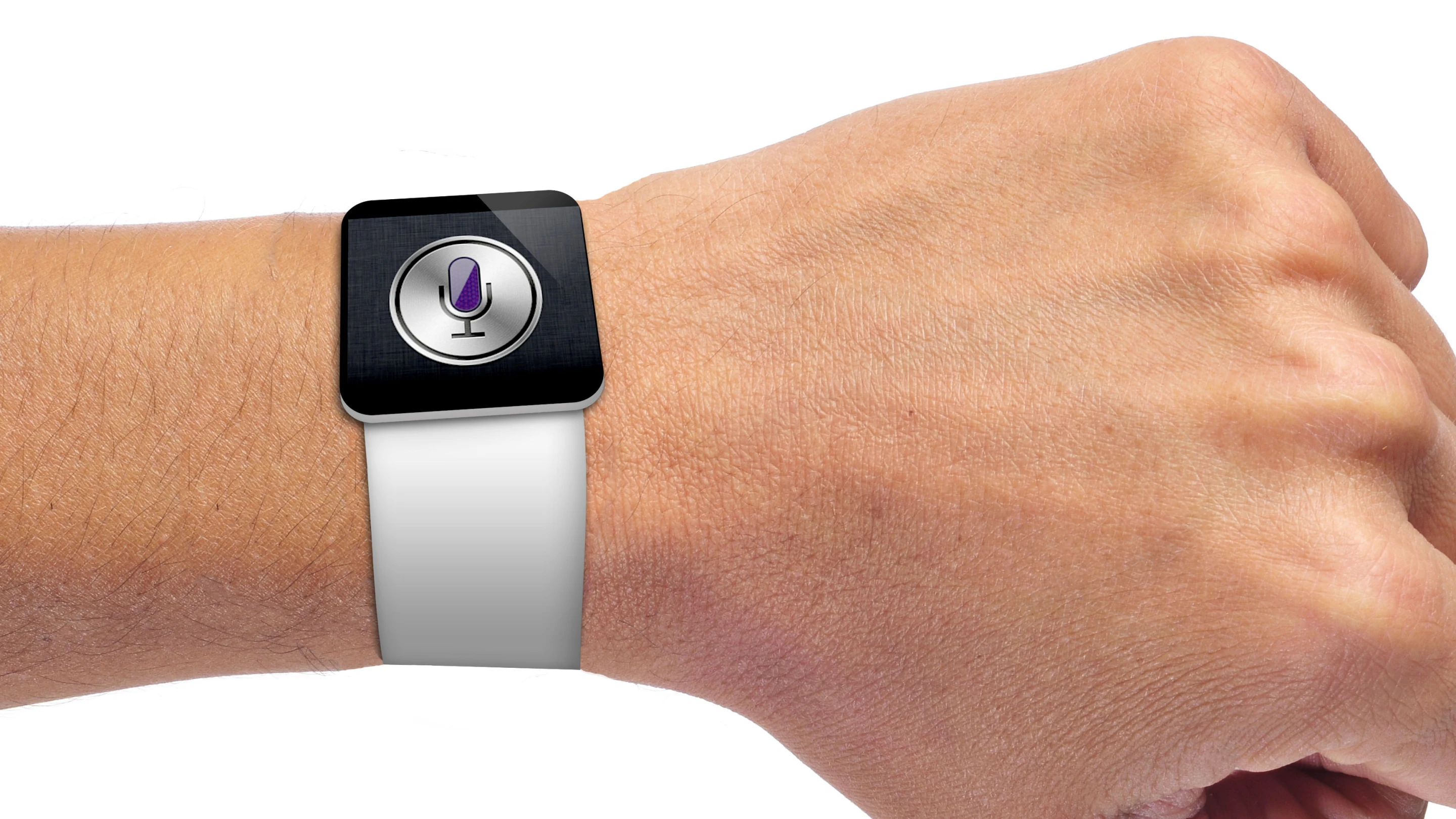 Unlike our render, the device could feature a flexible glass display that automatically snaps to the proper wrist size (wrist image: Shutterstock)