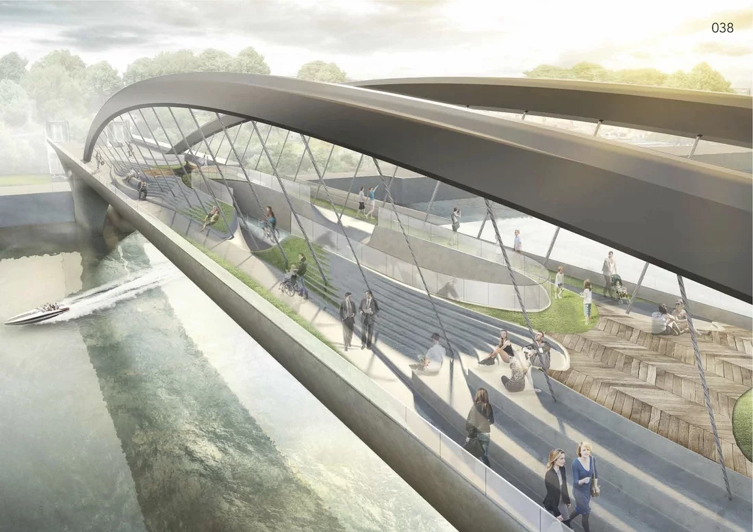 A design with landscaping and places to sit (Image: NEP Bridge Competition)
