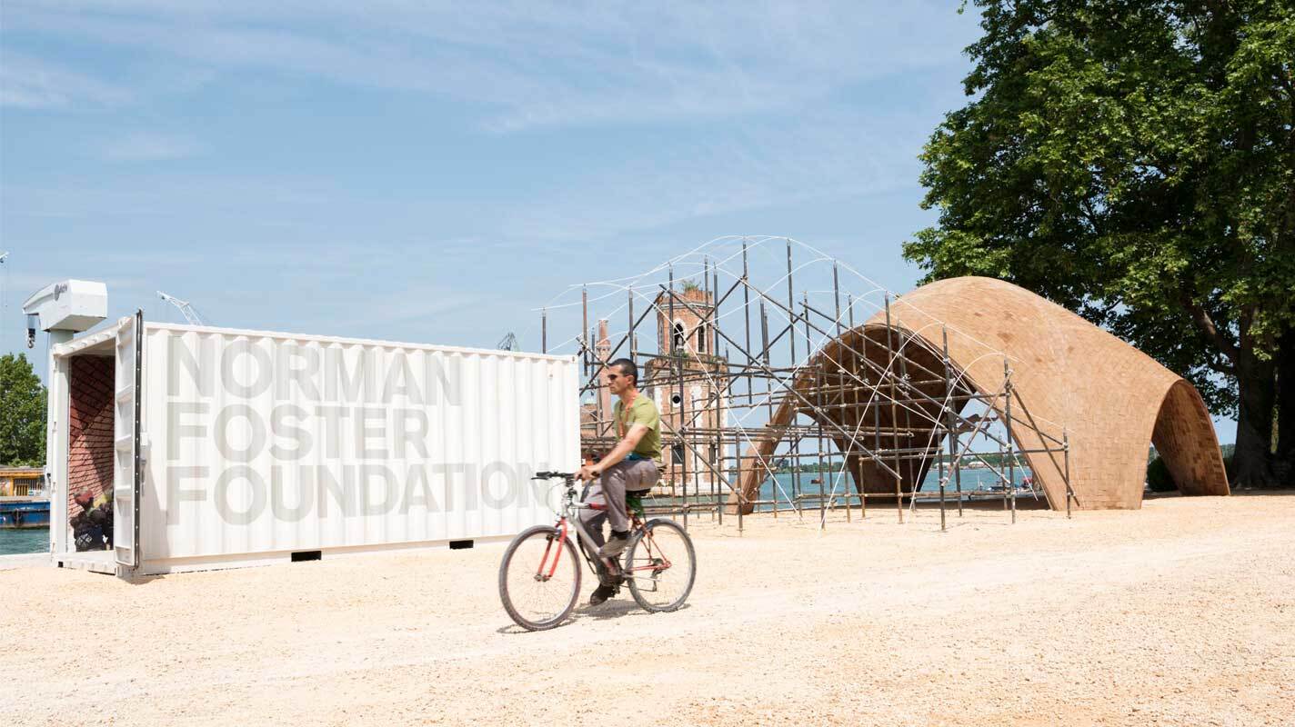 The prototype Droneport pictured is a simple vaulted structure comprising two outer layers of bricks made from a mixture of compressed earth and cement, with an inner layer of tiles