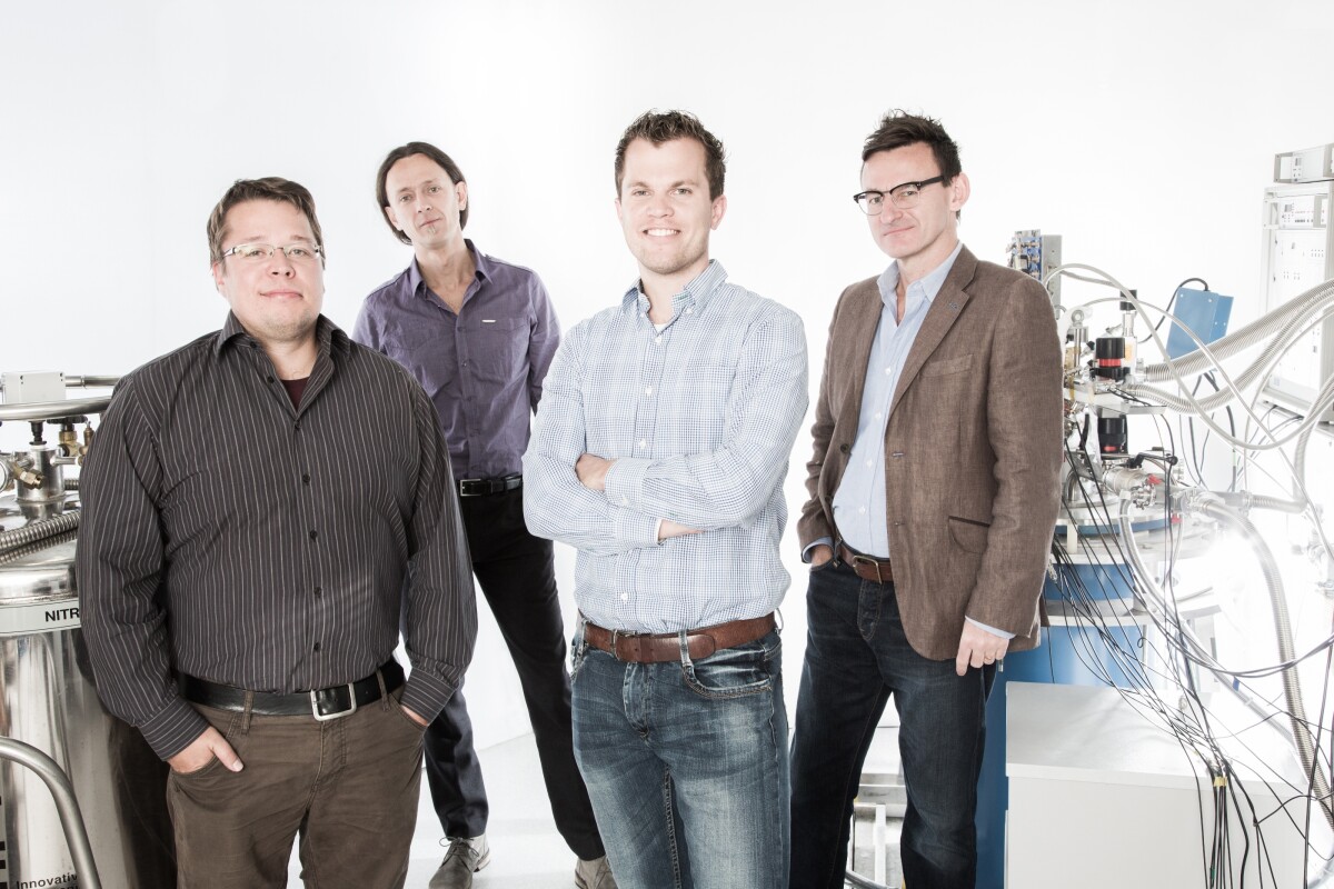 (L-R) Juha Muhonen, Andrea Morello, Menno Veldhorst, and Andrew Dzurak. (Photo: Paul Henderson-Kelly/UNSW)