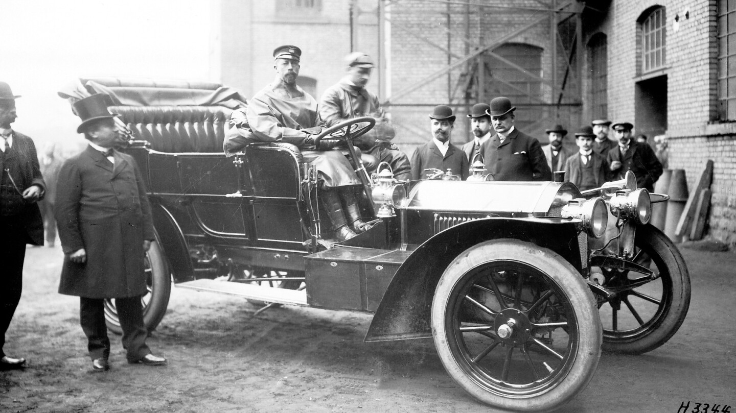 Prince Heinrich, best known in automotive circles for his fahrts, in a 1908 Benz.