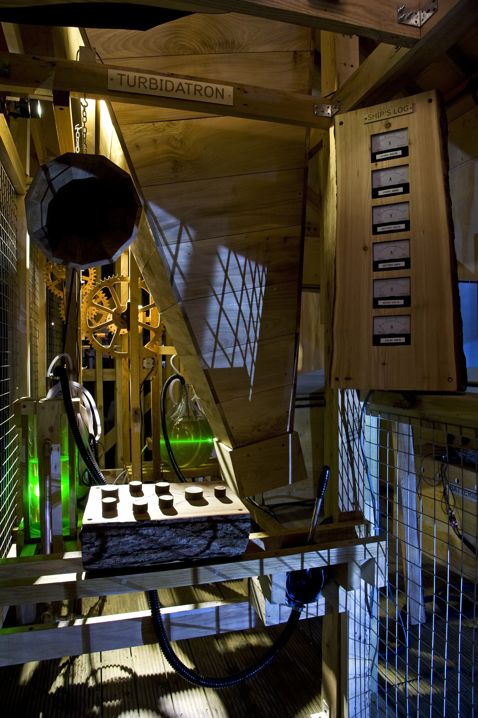 An equally-wonderfully titled Laser Turbidatron is influenced by the muddiness of the river samples, driven by a series of gears and cranks