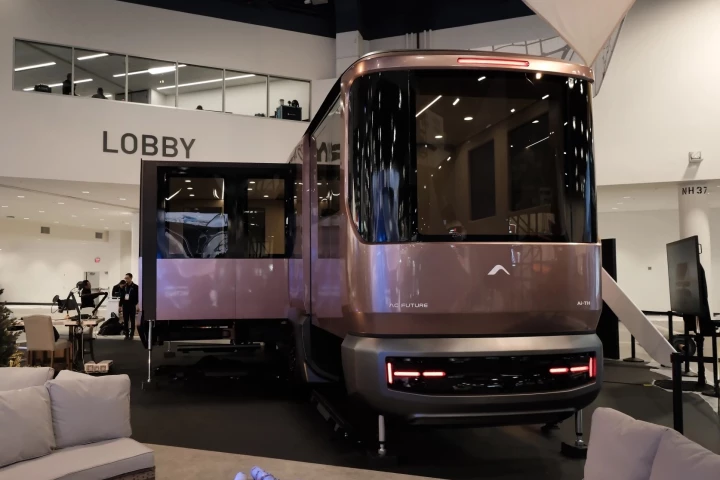 While the AC Future THd motorhome, pictured here at CES 2025, includes a driver's cab, its side and rear expansion units look much the same as the THt trailer's